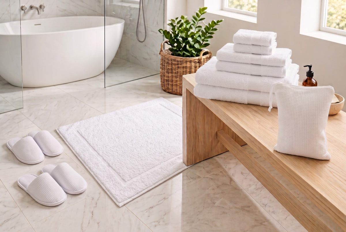 Kit chambre d'hôtel : serviettes en coton éponge, tapis de bain, chaussons et pochette - Maison Trungadi