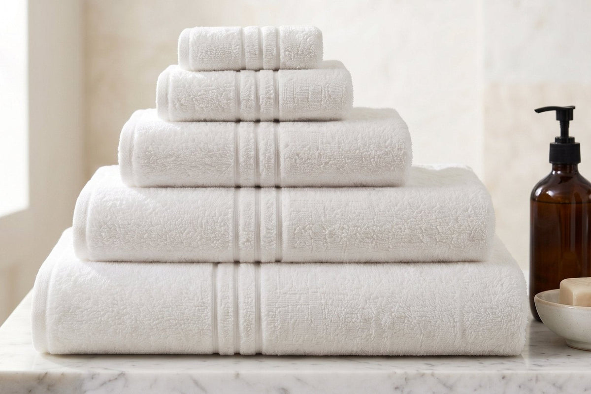 Pile de serviettes en coton éponge blanches pour locations et hôtels, gamme Mila - Maison Trungadi