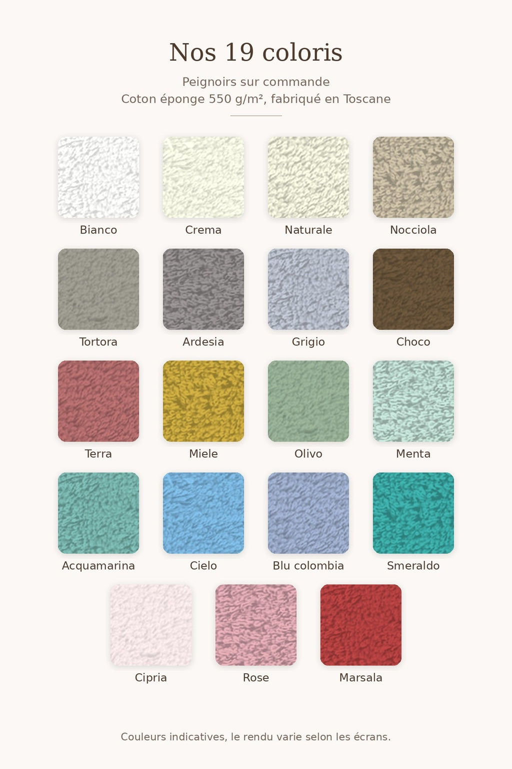 Nuancier des 19 coloris des peignoirs sur commande, coton éponge 550 g/m² teint en Toscane - Maison Trungadi