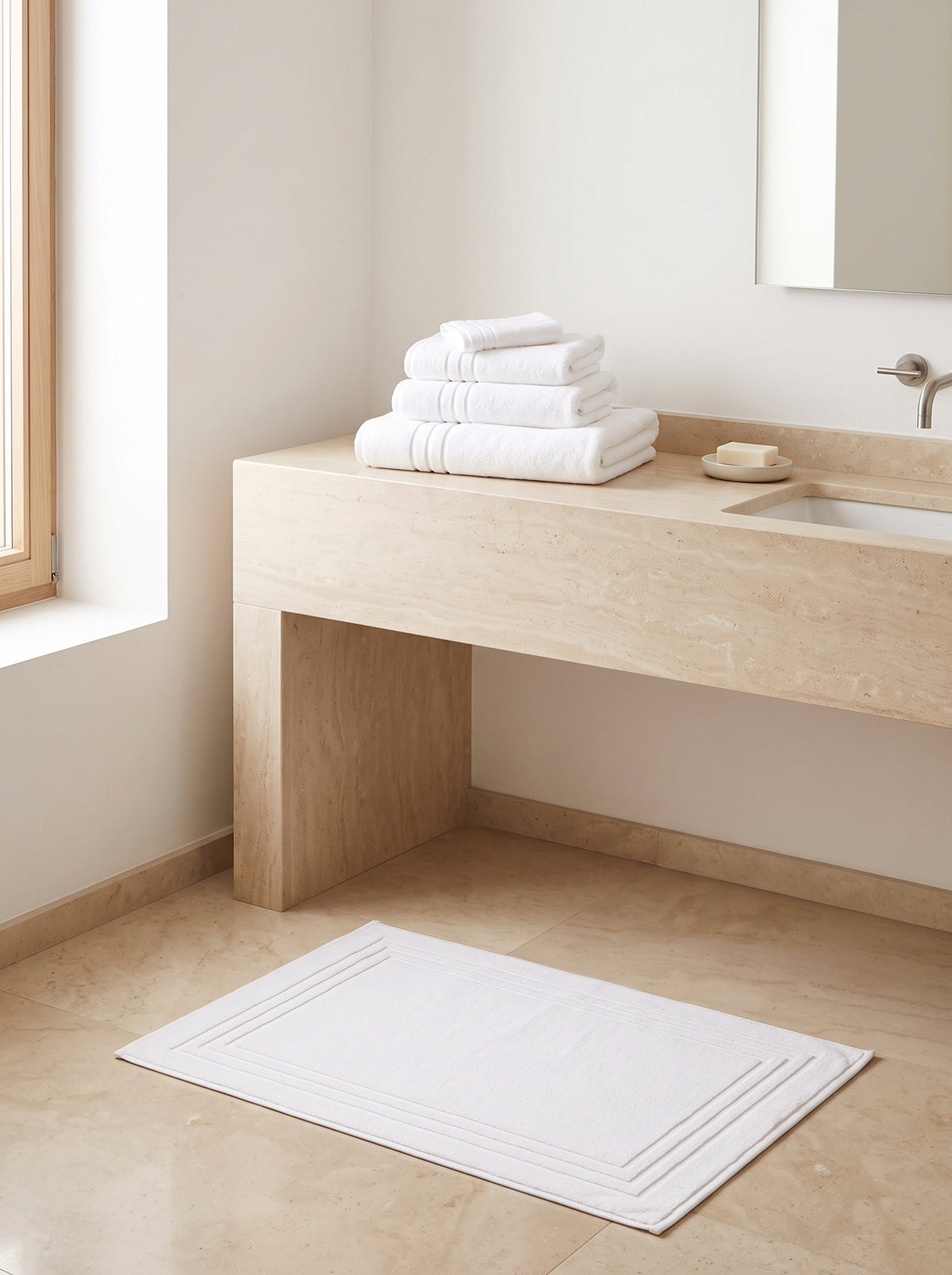 Serviettes en coton éponge à liteaux et tapis de bain dans une salle de bain en pierre, standards personnalisables fabriqués au Portugal - Maison Trungadi